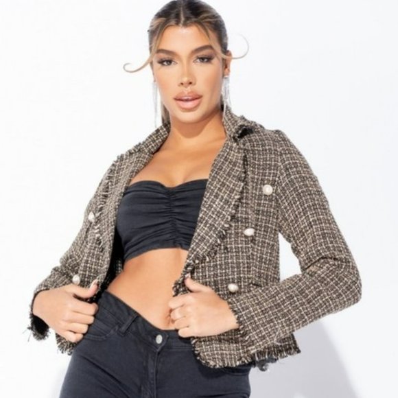 Jackets & Blazers - Brown Plaid Check Tweed Long Sleeve Double Breasted Frayed Hem Blazer Jacket